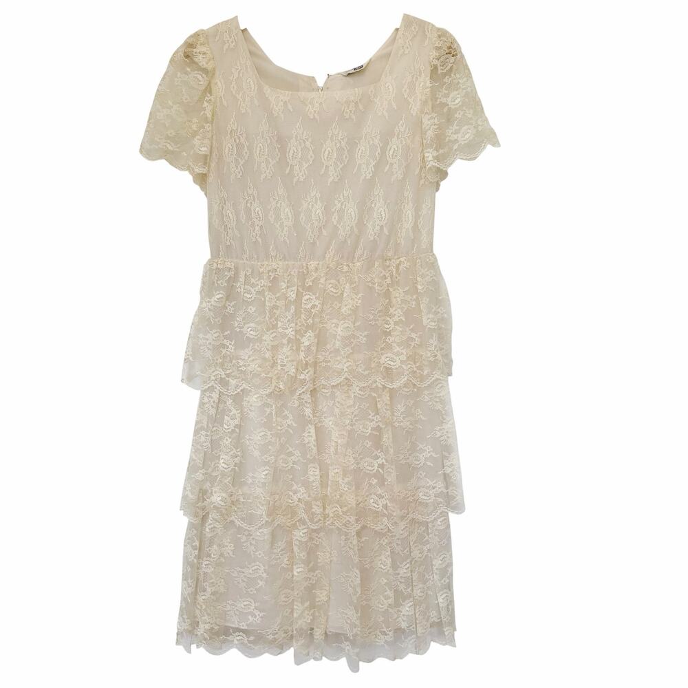Vintage Sears Lace Tiered Ruffle Cottagecore Coquette Short Sleeve Dress Sz S/M